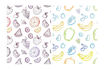 Fruity Pattern: A cheerful seamless pattern featuring hand-drawn illustrations of various fresh fruits, offering a playful and appetizing design for any creative project.