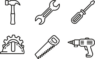 Hand Tools Line Icons Set – Hammer, Wrench, Screwdriver, Saw, and Drill Vector Illustration