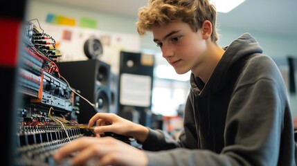 Teenage boy engaged in music production at a sound mixing console.