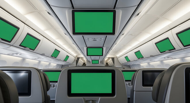 Airplane cabin interior with green screen displays for chroma key mockups, overhead monitors and seatback screens
