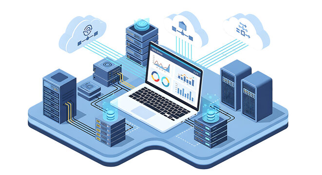 Isometric illustration depicts cloud computing network with laptop server array and data - Powered by Adobe