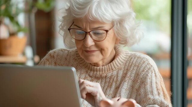 A woman is sitting at a table with a laptop and a piggy bank. She is wearing glasses and she is focused on her laptop. The scene suggests that she might be working or browsing the internet