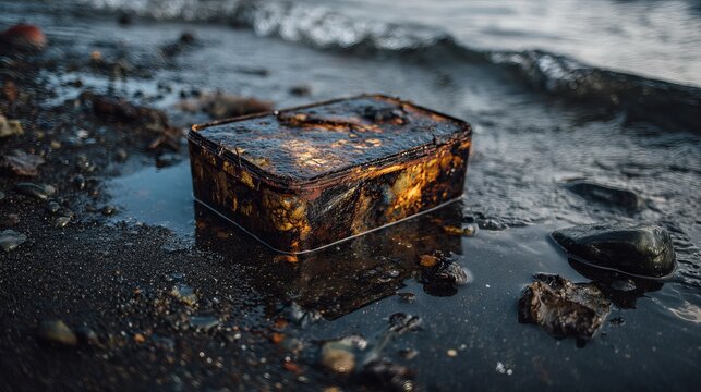 Discarded rusty metal container submerged in shallow water on a dark, pebbly beach with gentle waves.