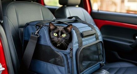 Nervous cat with yellow eyes peering out of a blue pet carrier buckled into the passenger seat of a red car