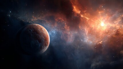 Obraz premium Discovering a new vibrant planet amidst a breathtaking fiery nebula and distant stars, igniting wonder and exploration