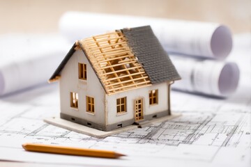 house under construction on blueprints - building project