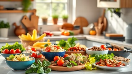 Colorful Mediterranean dishes in sunlit kitchen, symbolizing health and vitality.