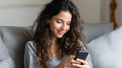 happy millennial hispanic teen girl checking social media holding smartphone at home smiling young latin woman using mobile phone app playing game shopping online ordering delivery relax on sofa no l