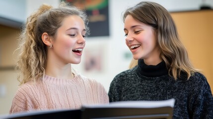 Two young women, singers joyfully singing together with sheet music in front of them.