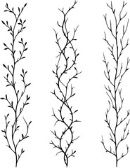 Detailed line art of twigs and thorns vine stems illustration. Outline Simple Stylized plants. Set of branches, leaves. Seamless doodle floral pattern. Hand drawn Botanical drawing, frieze. 