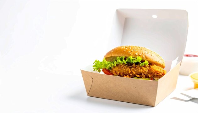 A tasty fried chicken burger in an open brown cardboard box, featuring fresh lettuce and tomato, presented against a clean white background with copy space for menus and blank container for mockup