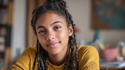 teenage african american girl high school student distance e learning group online class at home looking at camera video conference call remote classes and courses virtual digital education concept n