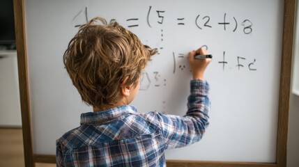 rear view of young boy solving addition and subtraction on white board at school schoolboy thinking while solving maths sum child writing the solution of the mathematical operation in classroom no lo