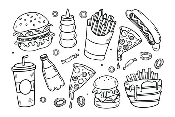 Burger and Fast Food Delight: This sketch presents a delectable collection of classic fast-food favorites, from juicy burgers to crispy fries, pizzas, and a refreshing soda, creating a visual feast.