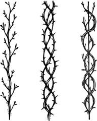 Detailed line art of twigs and thorns vine stems illustration. Outline Simple Stylized plants. Set of branches, leaves. Seamless doodle floral pattern. Hand drawn Botanical drawing, frieze. 