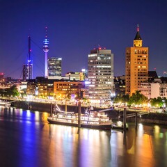 Obraz premium City skyline at night, with river
