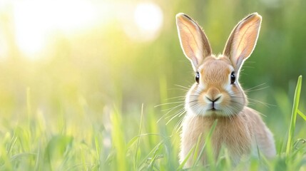 Obraz premium European hare stands in the grass and looking at the camera