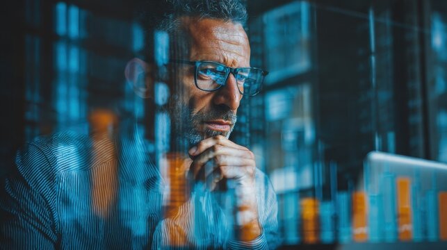 indian business man trader broker investor analyzing stock exchange market crypto trading chart data managing financial risks thinking of stockmarket profit looking at laptop view through glass no lo