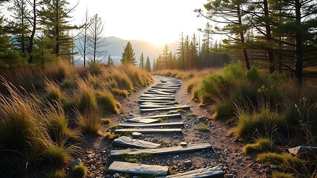 A diverging trail in a serene landscape symbolizes choices and exploration.