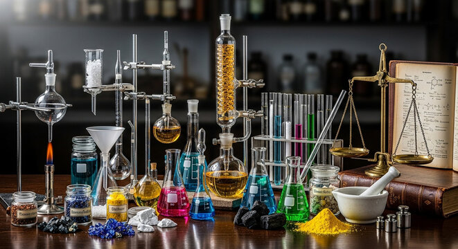 chemistry poster background blends glowing molecules, atomic orbitals, and vivid gradients for dynamic visual impact.
