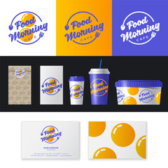 Food Morning logo. Breakfast cafe emblem. Lettering with fork and spoon on fried eggs background. Mock ups of cups, food bowl, paper bags with brending.