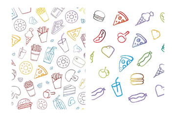 Delicious Doodle Delight: A colorful and playful hand-drawn pattern filled with various delightful food elements, creating a cheerful visual feast.