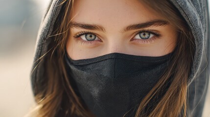health safety and pandemic concept  young woman wearing black face protective reusable barrier mask outdoors no logos no brands ar 169