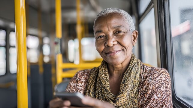 mature african woman smiling while using mobile phone inside bus senior people and technology concept soft focus on face no logos no brands ar 169