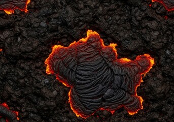 Molten Lava Flowing Across Darkened Volcanic Rock Surface Intense Heat.