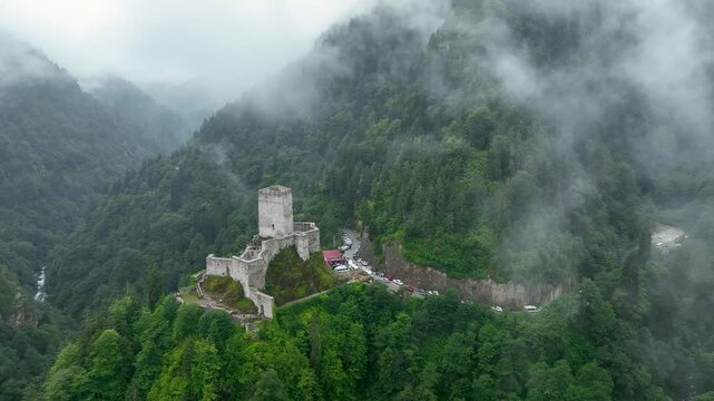 Historical Zilkale (Zil Kale) Castle located in Camlıhemsin, Rize and Kackar Mountains in the background