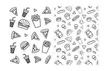 Delicious Doodle Delights: An appetizing collection of hand-drawn food elements, beautifully arranged in a delightful, doodle-style pattern. Each element is crafted with clean lines.
