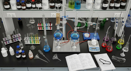 chemistry poster background blends glowing molecules, atomic orbitals, and vivid gradients for dynamic visual impact.
