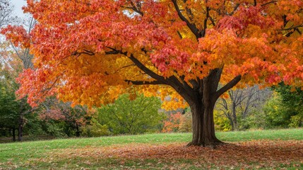 Naklejka premium Vibrant autumn foliage blankets a majestic tree.