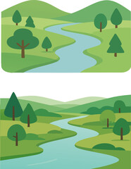 Cartoon Landscape with River and Trees.