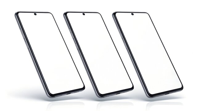 Three modern smartphones with blank screens arranged in a row