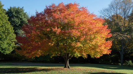 Naklejka premium Colorful autumn tree in a park setting.