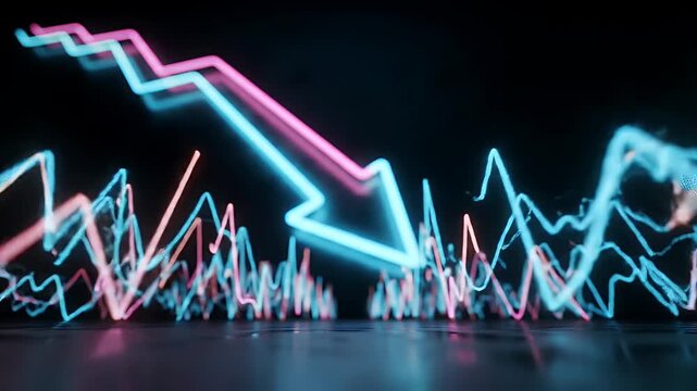 Neon Arrow Pointing Downward with Fluctuating Chart Lines on Black Background