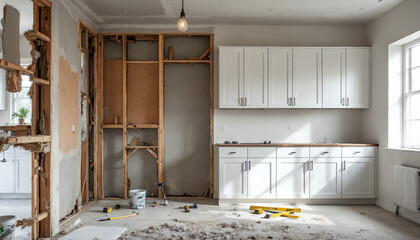 Kitchen renovation showing old sheetrock removal and new cabinets ready for installation.
