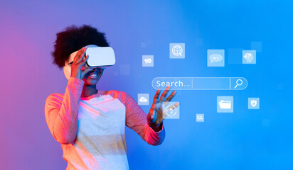 A joyful individual immerses in a virtual reality experience, interacting with a dynamic search interface, showcasing the fusion of technology and online marketing. XDMCP
