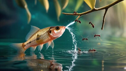 fish catching an ants on a tree branch