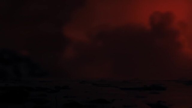Dark Stormy Sky with Fiery Red Clouds Over Ocean Shore in Dramatic Lighting