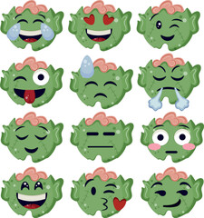 large set of emoticons with various emotions on zombie faces, stylized emoticons for Halloween. For social networks, stickers on holiday decorations