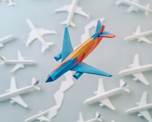 Colorful Origami Airplane Soaring Above White Airplanes