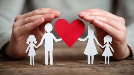 close up hands of father mother and daughters protecting family paper cutout with red heart hands of family with paper cutting and red heart shaped symbol stone unity insurance and love concept no lo