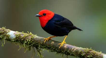 Red-capped Manakin Mid-Dance on a Mossy Branch in the Rainforest