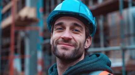 Fototapeta premium happy construction worker at a building site wearing a helmet no logos no brands ar 169