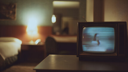 Moody retro hotel suite with vintage decor and soft lighting featuring an outmoded TV showing hazy news scene of a woman in muted tones evoking early 2010s nostalgic ambiance
