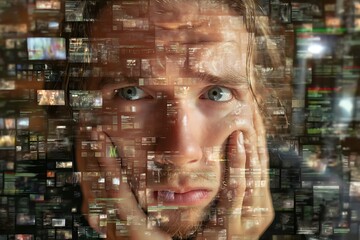 Stressed person overwhelmed by information overload in digital age, feeling anxious about constant connectivity and data streams