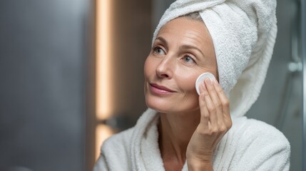 beautiful mid age older adult 50 years old woman wearing white bathrobe and turban towel in bathroom cleansing skin using cotton pad with purifying lotion looking at mirror evening beauty routine no 