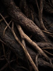 a close up of tree roots that are black and brown the roots are twisted and gnarled giving the impression of a tangled mess scene is one of mystery and intrigue